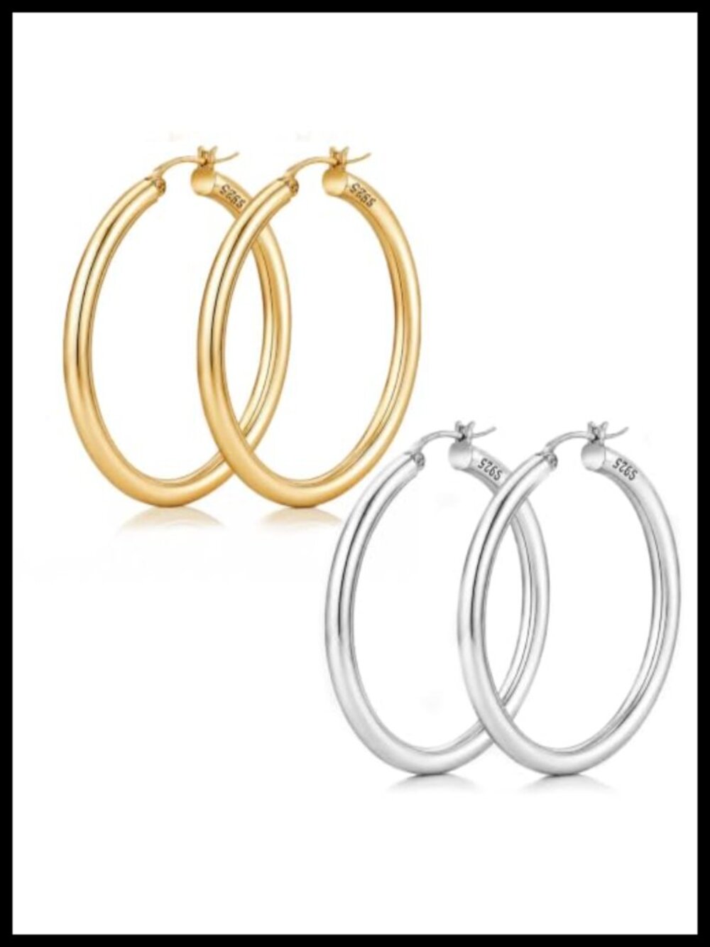 2 Pairs 925 Sterling Silver Post Hoop Earrings Women 18K Gold Plated